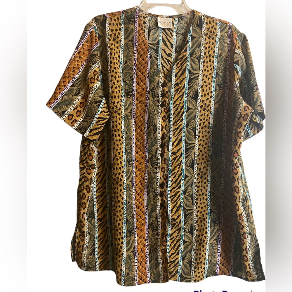 Vintage Retro T R Bentley short sleeve tribal print vneck ladies blouse plus 1X